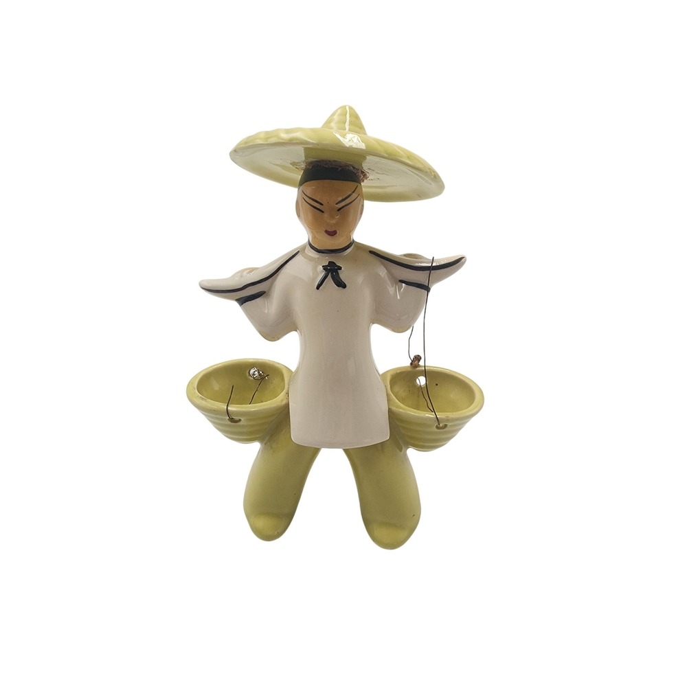 Vintage Mid Century Ceramic Chinese Man Figurine Planter Yellow Chinoiserie 8.5"